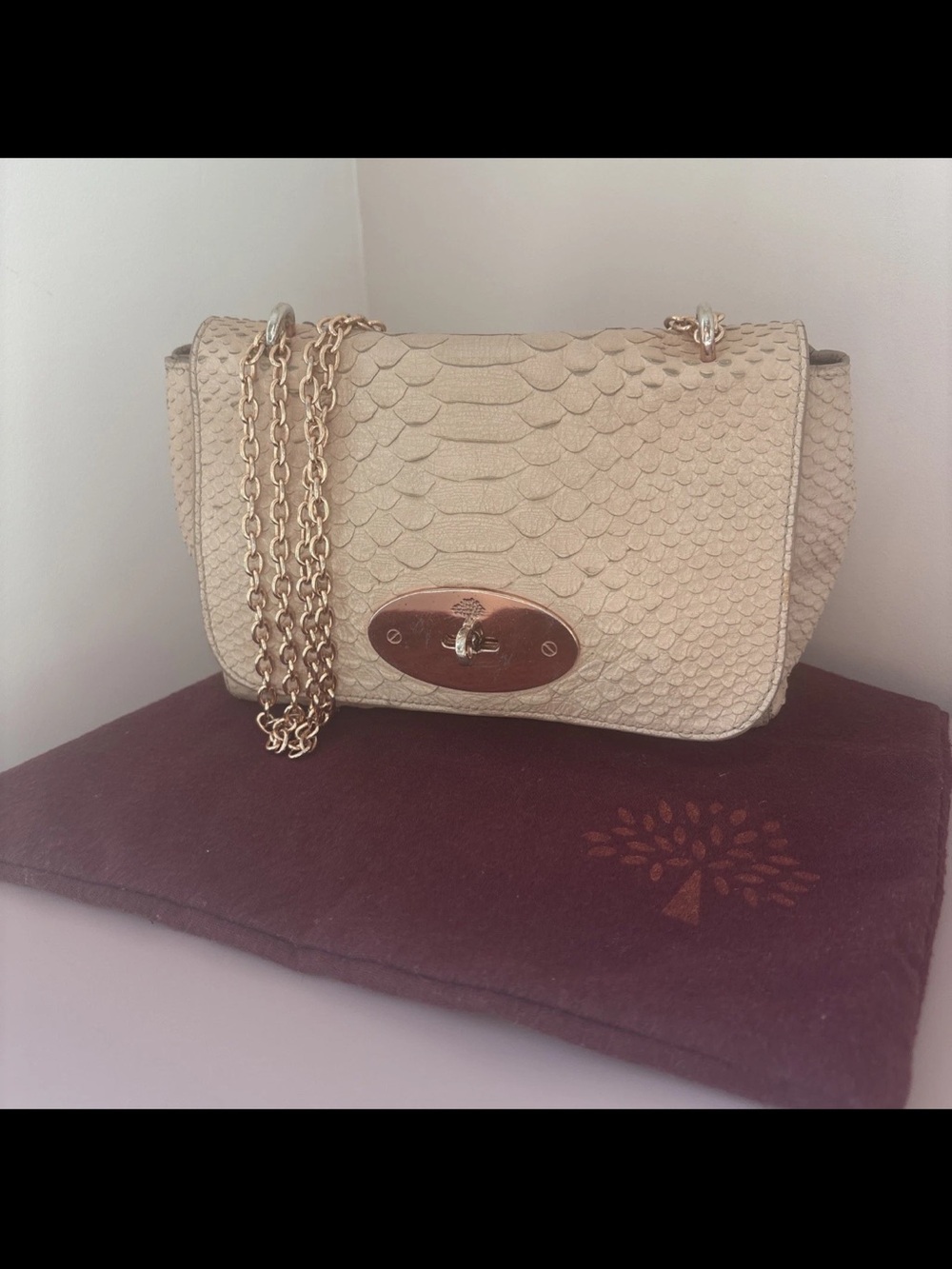 Mulberry Beige Embossed Crossbody with Gold Chain